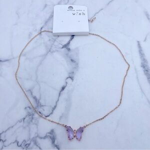 New Make a Wish Butterfly Necklace Gold Tone Chain Translucent Purple Butterfly